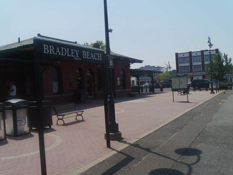 The Bradley Beach New Jersey Transit station in Bradley Beach, New Jersey. The station depot built by the Central Railroad of New Jersey is visible.