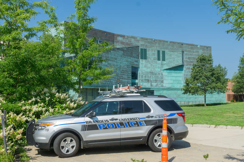 Brandeis University police carl Shapiro Student Center behind it.