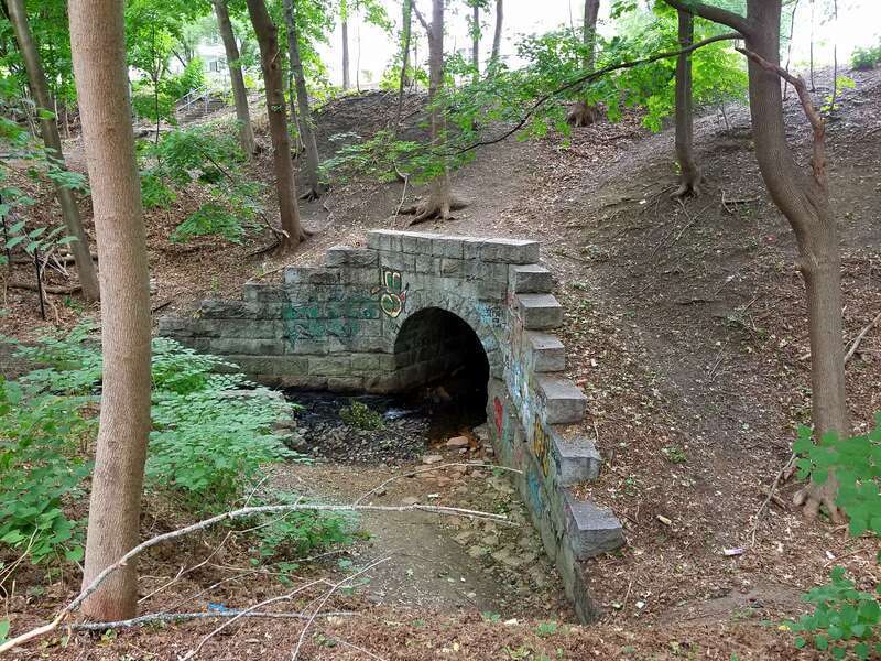 Original bridge over Mill Brook - Lexington and West Cambridge Railroad - Arlington, Massachusetts, USA.