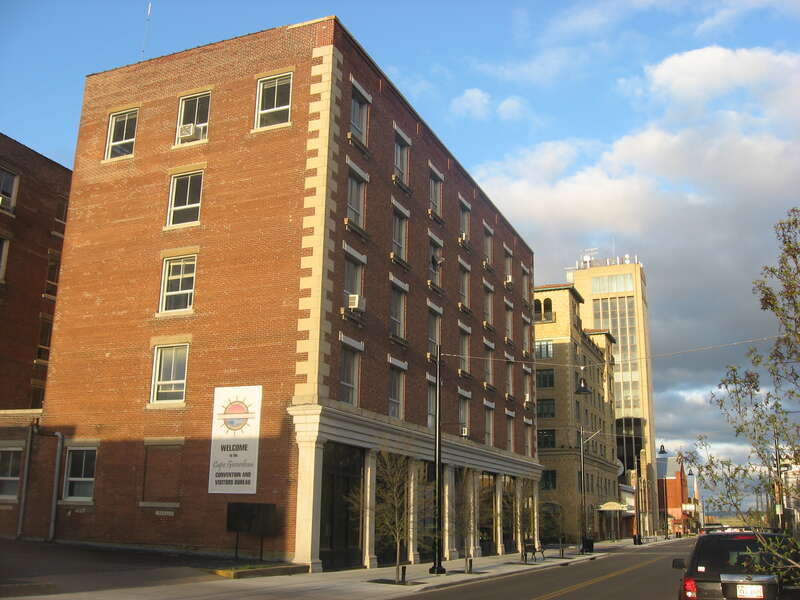 Buildings on the northern side of Broadway Street on both sides of the Fountain Street intersection in downtown Cape Girardeau, Missouri, United States.  Prominent buildings are the Himmelberger and Harrison Building in the foreground and the