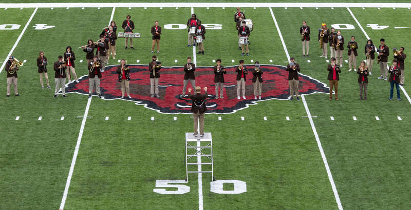 Brown University band on Richard Gouse Field at Brown Stadium. Brown Football vs. URI, 18 September 2021.
