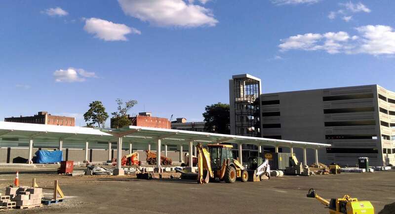 Construction of new bus platforms and parking garage at Springfield Union Station in July 2016