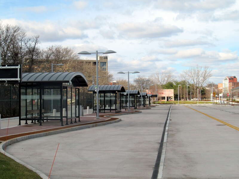 Bus shelters on the inbound lane at Downtown New Britain station in December 2014