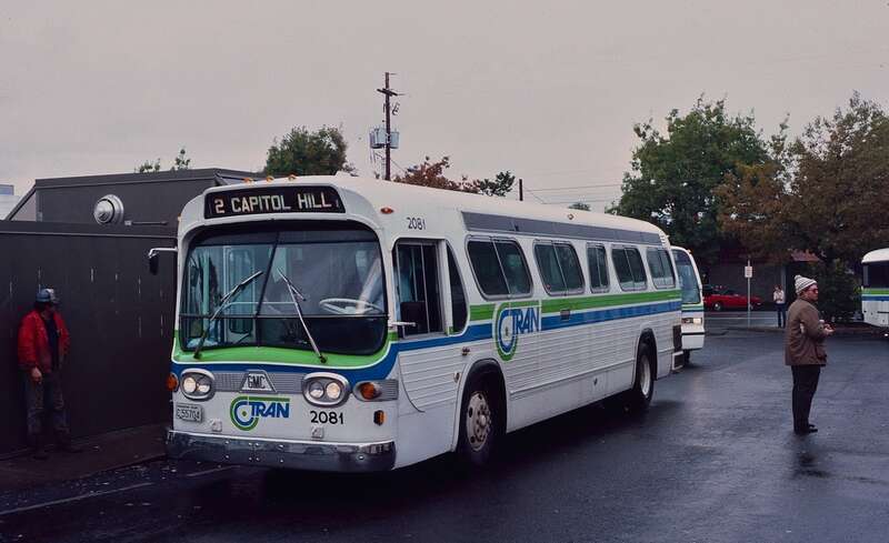 Bus 2081 of C-Tran (Vancouver, Washington) was a 1968 T6H-4521, a 35-foot GM &quot;New Look&quot; bus, ex-Oshawa Transit (Ontario) No. 84. It was photographed in October 1984, laying over on route 2-Capitol Hill at C-Tran's original bus terminal in downtown