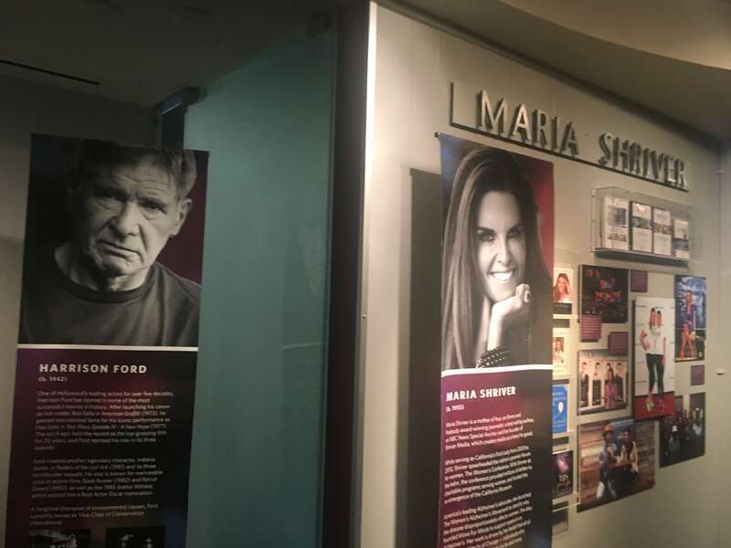 The California Hall of Fame exhibits of journalist and California First Lady Maria Shriver, and of actor and film producer Harrison Ford on the second floor of The California Museum.