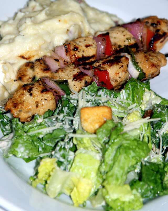 Marinated chicken pieces, skewered with bell peppers and red onion, served on our house garlic mashed potatoes and Classic Caesar salad
The LEMON LEAF Cafe
Historic Down Town Lancaster
653 W. Lancaster Boulevard
Lancaster, CA 93534
&amp;lt;a