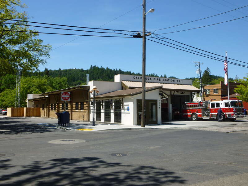 Calistoga Fire Department located at 1113 Washington Street in Calistoga, CA 94515-1437.  View of front (south) and east sides of building shown.