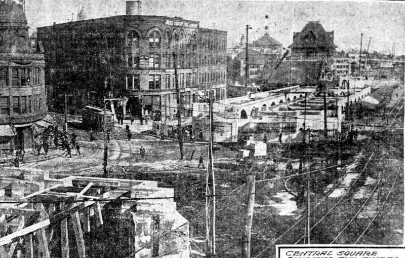 Central Square overpass and the station arcade viaducts under construction during grade crossing elimination in Lynn in the 1910s