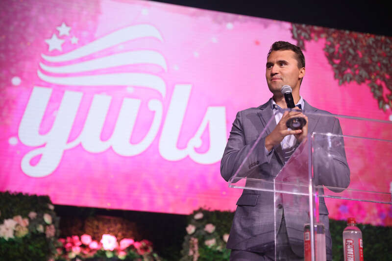 Charlie Kirk speaking with attendees at the 2024 Young Women's Leadership Summit at the San Antonio Marriott Rivercenter on the River Walk in San Antonio, Texas.