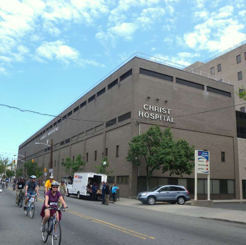 Looking north at Christ Hospital, 176 Palisade Avenue on a mostly cloudy midday.