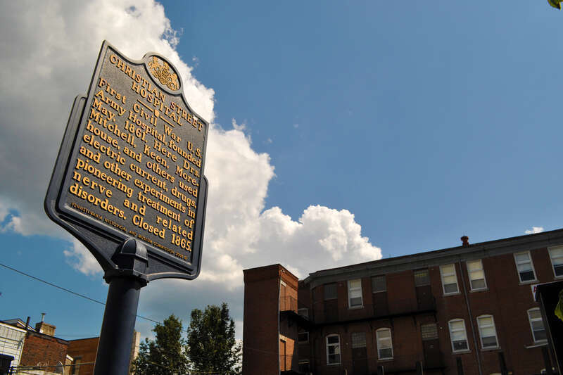 Christian Street Hospital. First Civil War U.S. Army Hospital, founded May, 1861. Here Drs. Mitchell, Keen, Morehouse, and others used electric current, drugs, and other experiments in pioneering treatment of nerve and related disorders. Closed 1865.