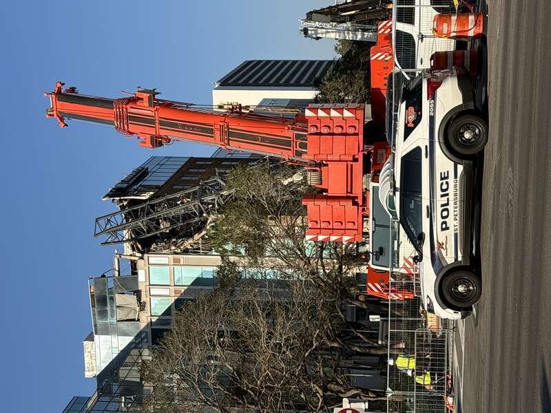 Broken crane at construction site of &quot;400 Central skyscraper&quot; in St. Petersburg, Florida, in the aftermath of Hurricane Milton.