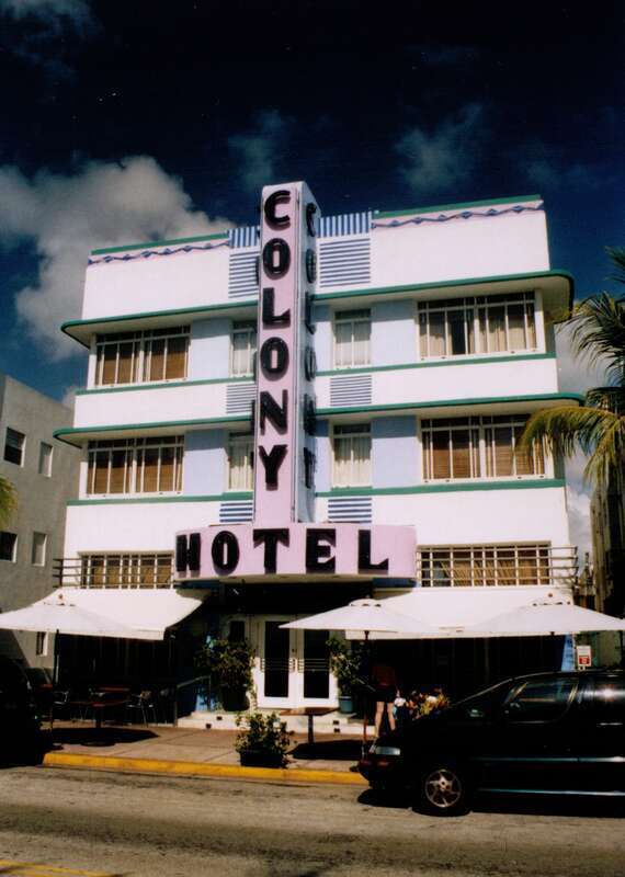 Colony Hotel, along Ocean Drive, in the Miami Beach Architectural District aka Miami Beach Art Deco District. Digitized photo.