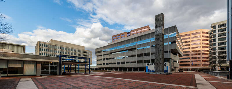 Wide view of the northern section of Constitution Plaza , with clock by Masao Kinoshita. Hartford, Connecticut