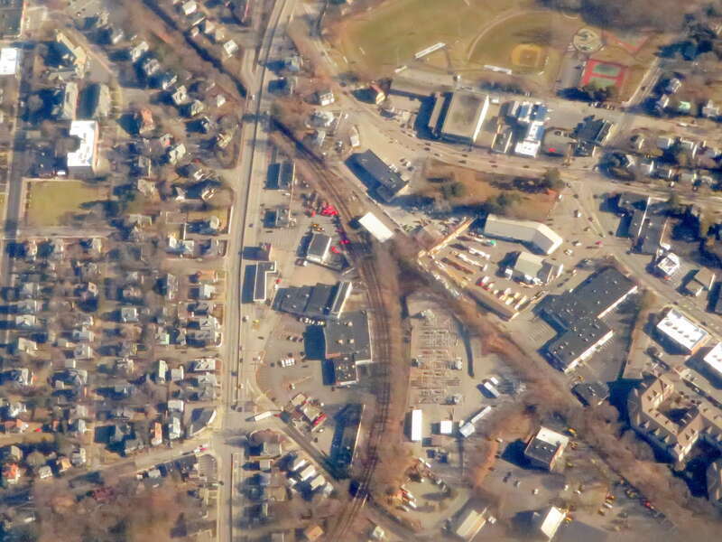 Aerial view of Cook Street Junction - where the Highland Branch (now the Green Line "D" Branch) split from the now-abandoned Charles River Railroad - in December 2018