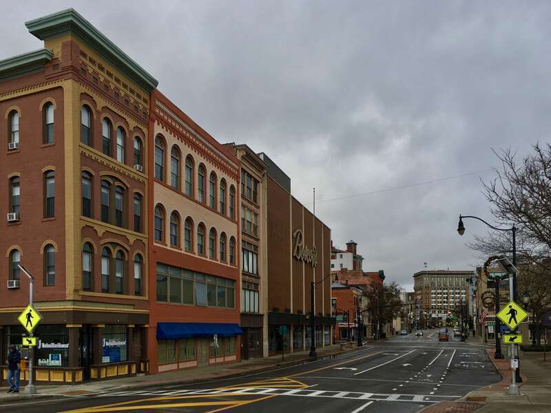 Looking eastward down Court Street in downtown Binghamton, New York from the foot of the bridge over the Chenango River, Thanksgiving Day 2019.