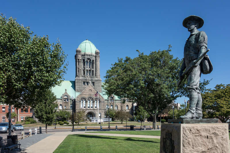 Courthouse and The Hiker statue, Taunton Green. Taunton, Massachusetts