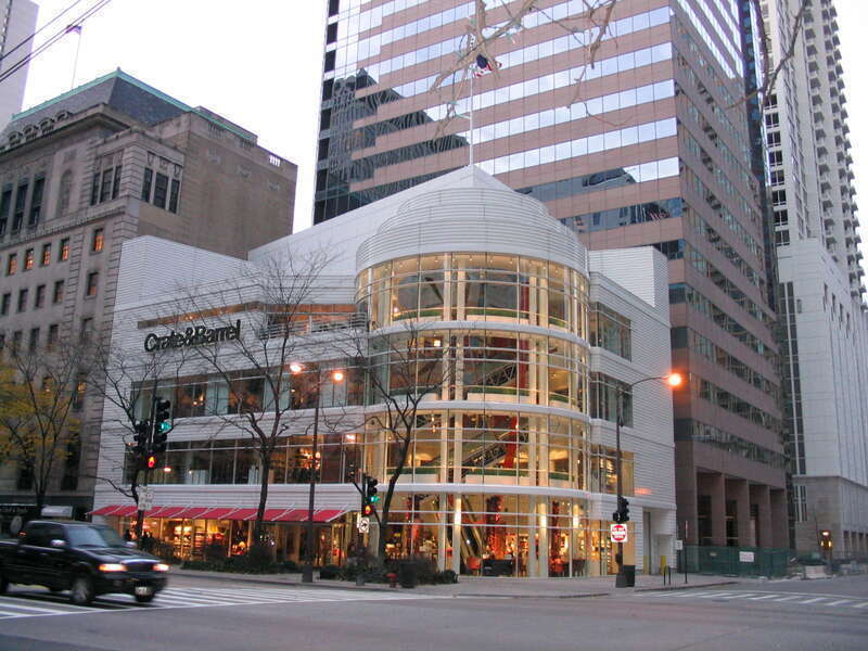 A Crate &amp;amp; Barrel home-and-furniture store at 646 N. Michigan Ave., on the southwest corner of Michigan Avenue and Erie Street, Chicago