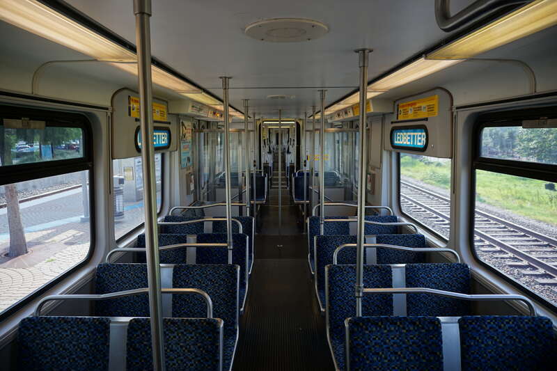 The interior of a DART Light Rail Blue Line train at Downtown Rowlett Station in Rowlett, Texas (United States).