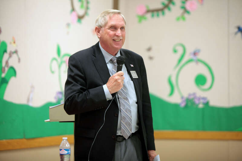 Dave Giles moderating at a U.S. Senate Republican primary candidate forum hosted by the Tempe Republican Women at the Pyle Recreation Center in Tempe, Arizona.
Please attribute to Gage Skidmore if used elsewhere.