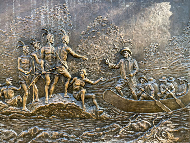 Detail of Roger Williams Landing Place monument in Slate Rock Park aka Roger Williams Square, Providence Rhode Island.