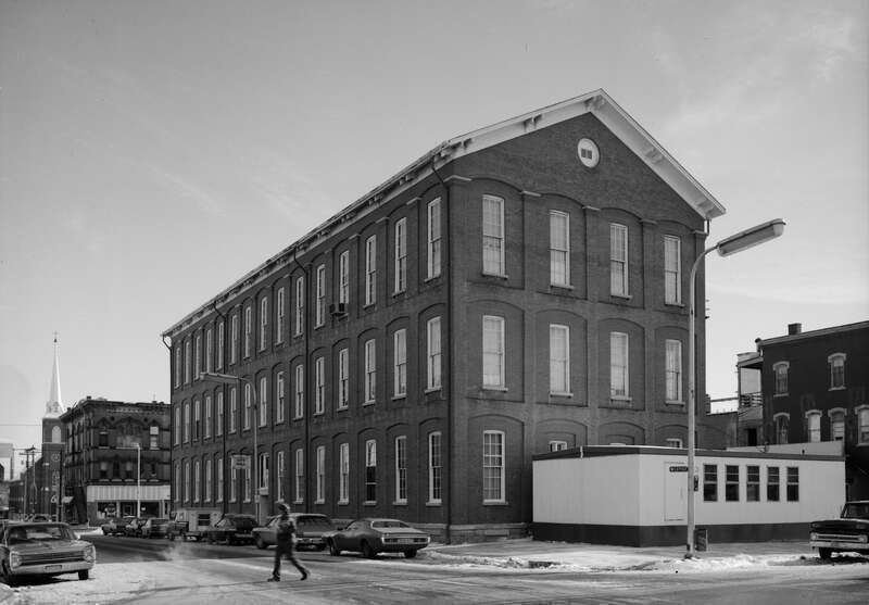 Corner view of City Hall in Dubuque, Iowa, United States, located at 50 W. Thirteenth Street.  Built in 1857, it is listed on the National Register of Historic Places.