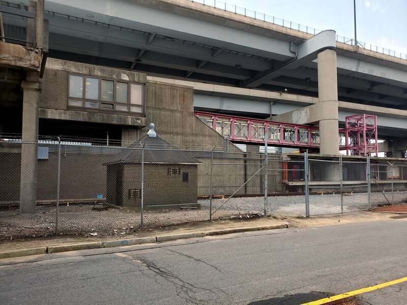 The east side of the Community College station headhouse in July 2021