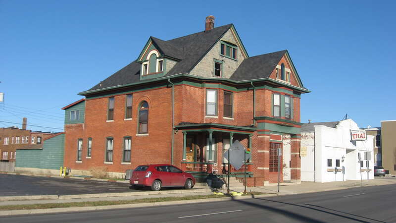Front and western side of the Eli Hoover House, located at 316 W. Main Street in Muncie, Indiana, United States.  Built in 1899 and now the home of an accounting firm, it is listed on the National Register of Historic Places.