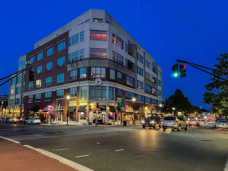 Twilight view of intersection of Lafayette and Derby Streets in Salem, Massachusetts, showing Engine House restaurant
