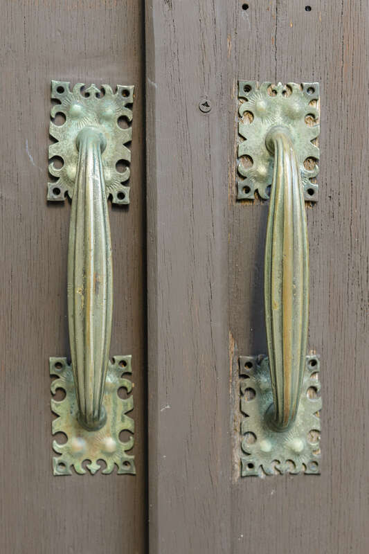Door handles, Epworth United Methodist Church, originally built as Epworth Methodist Episcopal Church, 5253 N. Kenmore Ave., Chicago, Illinois. Architect: Frederick B. Townsend, 1890.