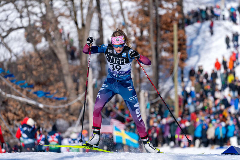 Erin Bianco of Ely skis in the Women's Sprint Qualification at the Loppet Cup at Theodore Wirth Park in Minneapolis, Minnesota, USA.