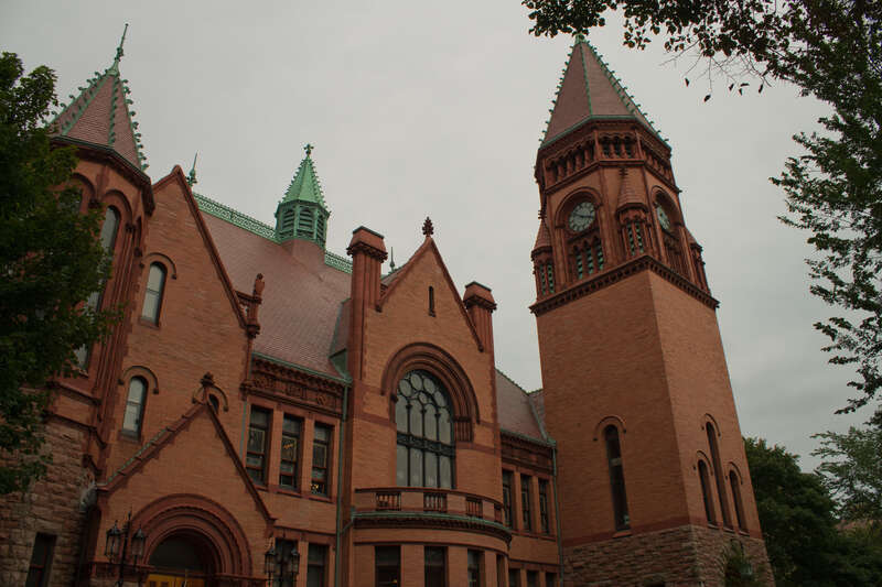 Fairhaven Town Hall West side of the  upper portions of the Fairhaven Tall Hall, viewed from the north.