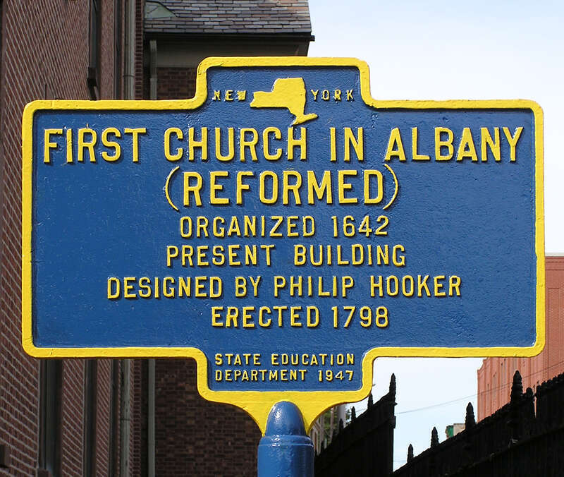 Location: Corner N. Pearl And Orange Sts. Albany, New York N 42 39.21 W 73 45.02
Text:
First Church in Albany
(Reformed)
Organized 1642
Present Building
Designed by Philip Hooker
Erected 1798
State Education

Department 1947