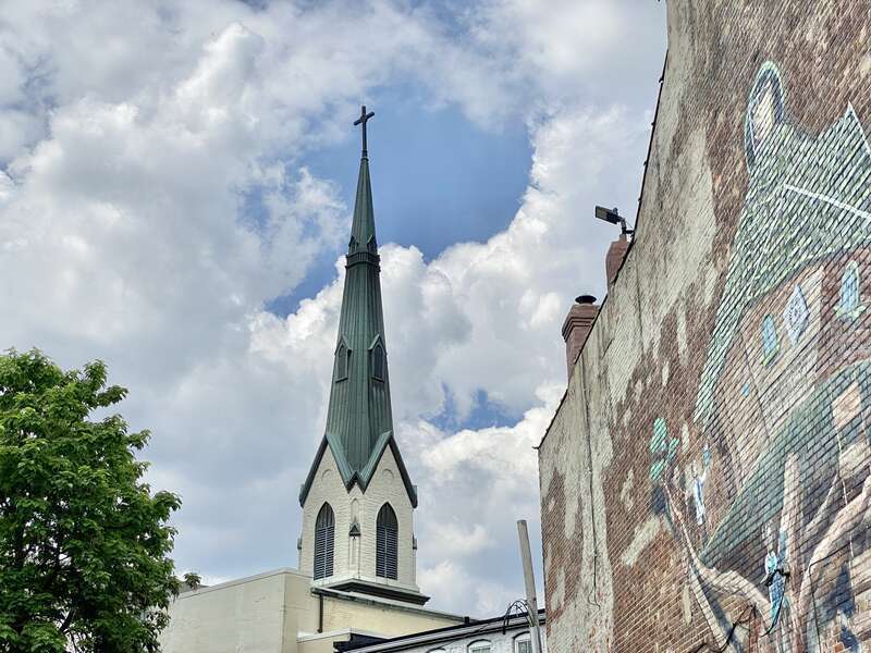 Built in 1859, this Gothic Revival-style church was the home of St. Paul Lutheran Church until 2017, when it shut its doors due to a dwindling congregation.  The building features a brick exterior clad in formstone, a tower with a tall spire and