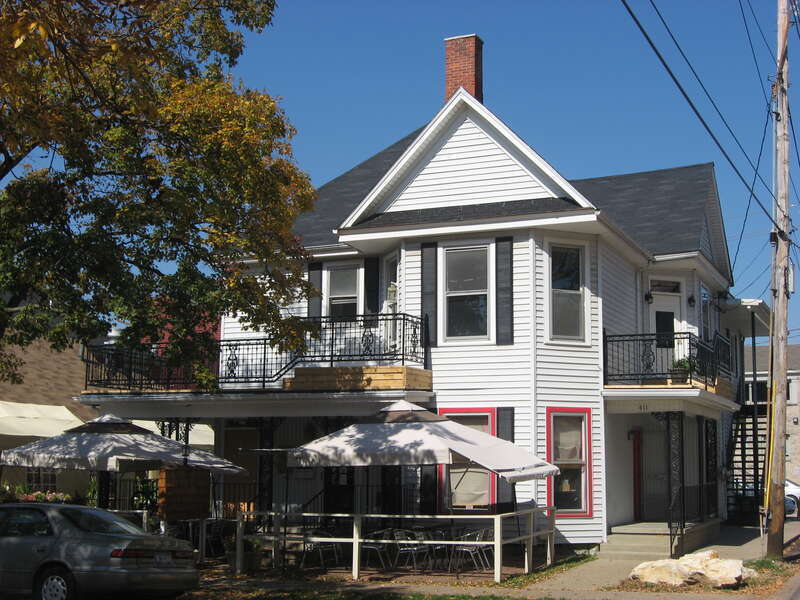Front of the house (now a restaurant) at 407-411 E. Fourth Street in Bloomington, Indiana, United States.  Built in 1907, it is part of the locally-designated Restaurant Row Study Area.