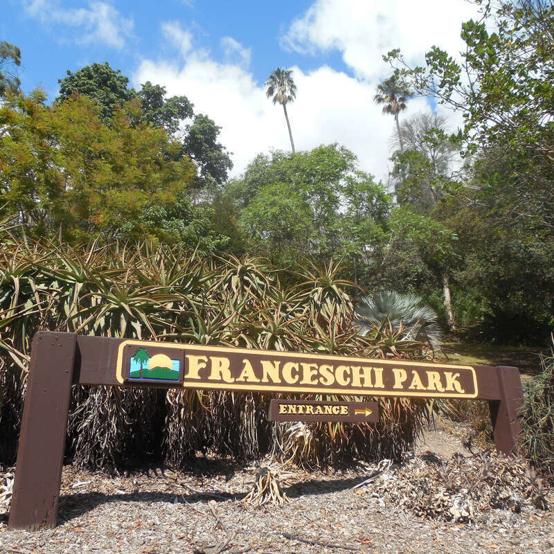 Franceschi Park entrance sign (oblique view), Sep 2015