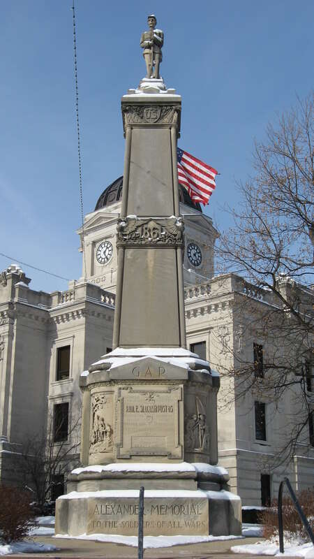 Front of the GAR Memorial on the southeastern portion of the grounds of the Monroe County Courthouse, located on Courthouse Square in downtown Bloomington, Indiana, United States.  The memorial and several other commemorative objects on the