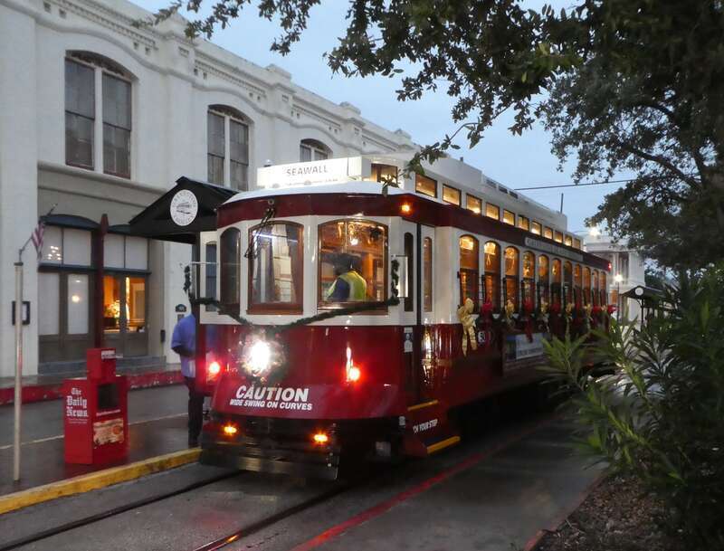 One of Galveston's streetcars decorated for Christmas, in November 2021