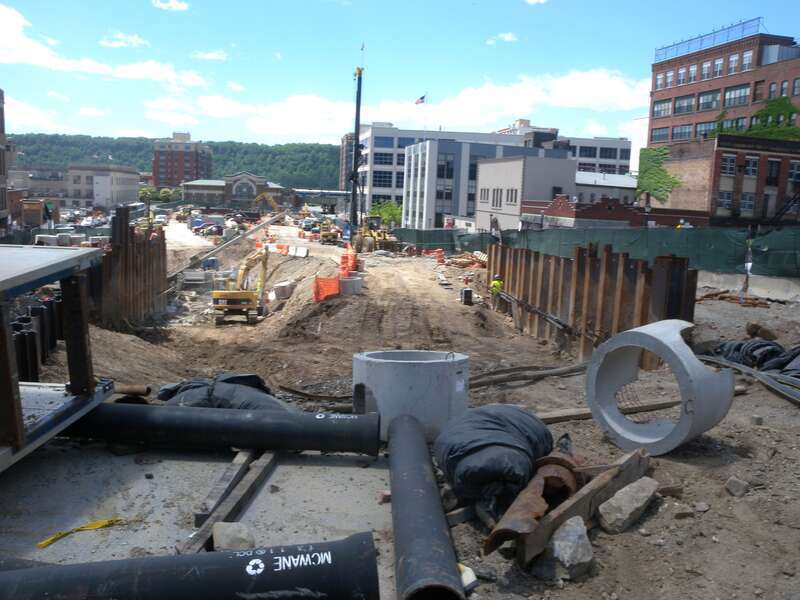 Looking west at Getty Square construction on a sunny early afternoon.  See en:Talk:Getty Square; this may actually be Larkin Plaza.