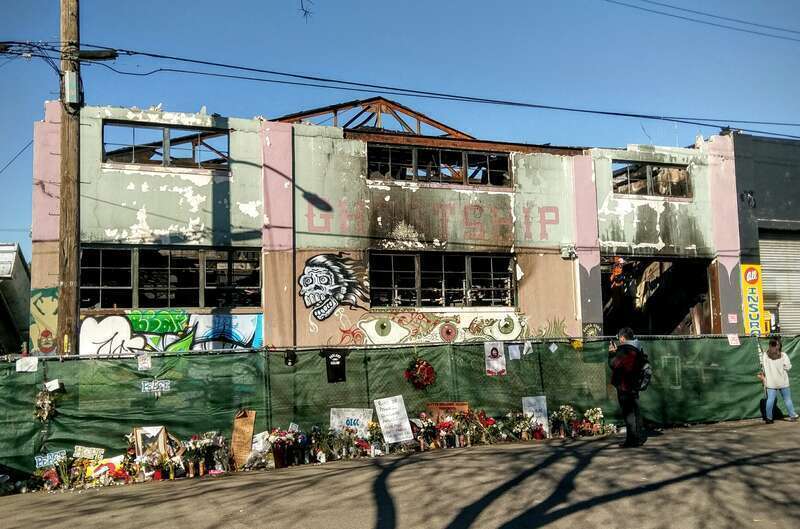 Site of a fire on December 2, 2016 that killed 36 people in Oakland,  California.