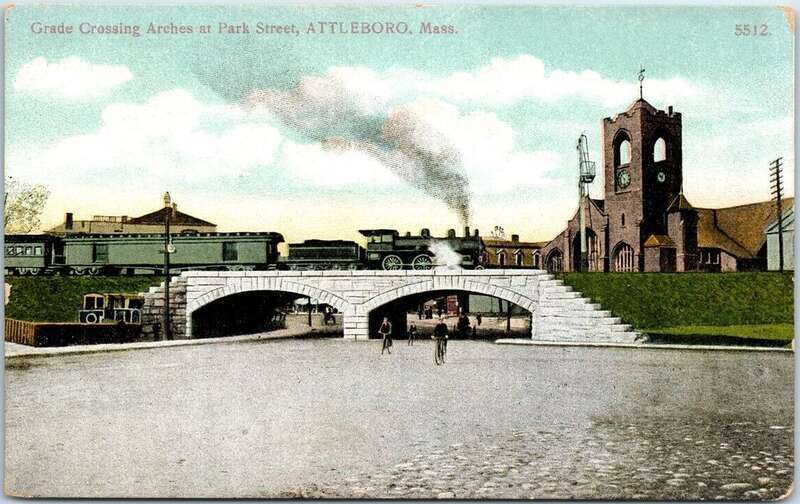 Divided back postcard of the double arch bridge over Park Street in Attleboro, Massachusetts