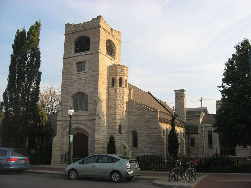 Front and western side of Trinity Episcopal Church, located at 111 S. Grant Street in Bloomington, Indiana, United States.  Built in 1909, it is part of the locally-designated Restaurant Row Study Area.