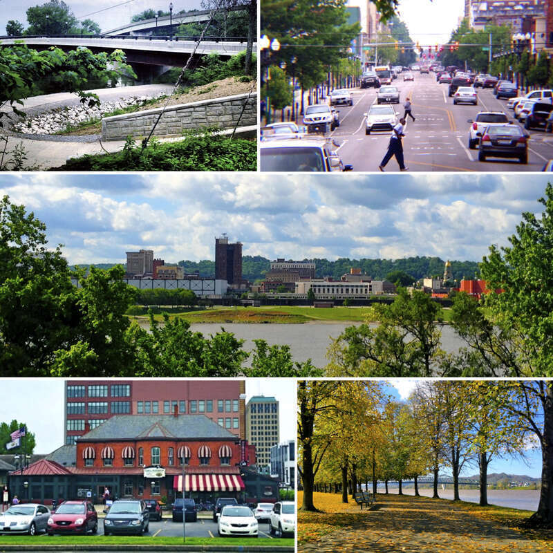 Clockwise: the Paul Ambrose Trail for Health (PATH), the Old Main Corridor, Downtown Huntington as seen from across the Ohio River, Harris Riverfront Park in the Fall, and the Huntington Welcome Center at Heritage Station.