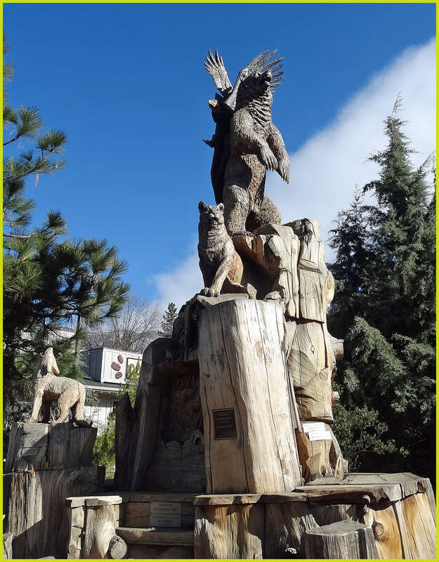(1 in a multiple picture set)
This massive wood sculpture is called &quot;Harmony.&quot;  It shows all the different species of the nearby forest living together in peace.  It is the highlight of Idyllwild's Sculpture Garden at the center of the village.