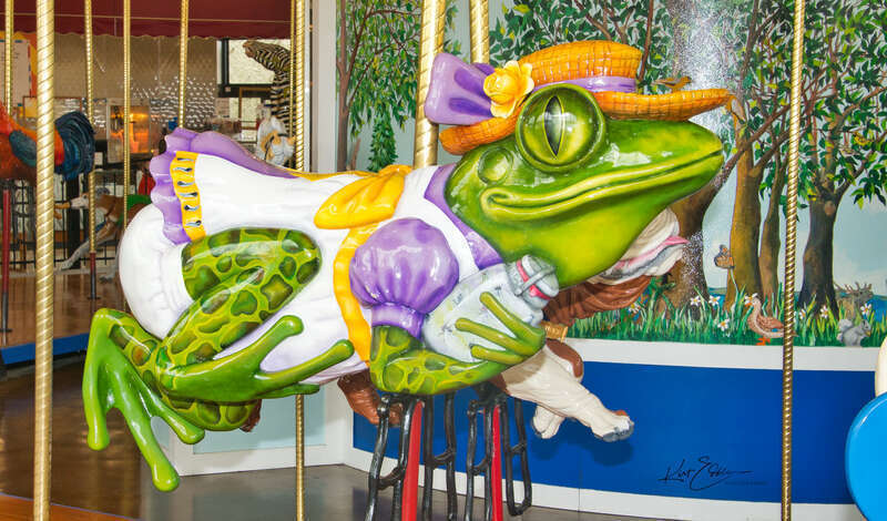 Harriette the Frog is perhaps the most whimsical animal on the Carousel. She is certainly the most “ribbit-ing”. Harriette was adopted in loving memory by the family of Anna Harriette Murphy, remembered here by her surviving children, Ellyn, Evelyn,