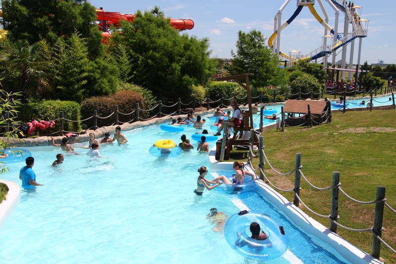 The Kona Kooler Adventure River lazy river at Hawaiian Falls waterpark in The Colony, Texas.