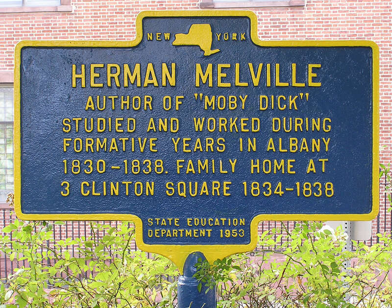 Text:
Herman Melville
Author of &quot;Moby Dick&quot;
Studied and Worked During
Formative Years in Albany
1830-1838. Family Home at
3 Clinton Square 1834-1838
State Education
Department 1953
Photograph:

Historic Marker: