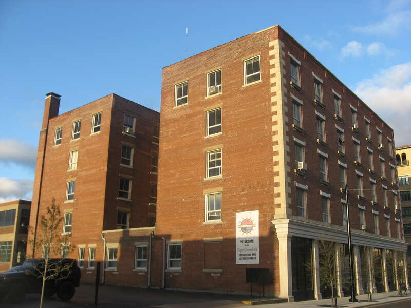 Western side and front of the Himmelberger and Harrison Building, located at 400 Broadway Street in downtown Cape Girardeau, Missouri, United States.  Built in 1908 for an insurance company, it is listed on the National Register of Historic Places,