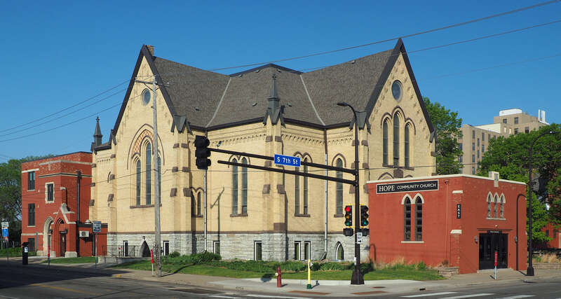 Hope Community Church East (formerly Augustana Lutheran Church), 704 11th Ave S, Minneapolis, Minnesota, USA.  Viewed from the east.