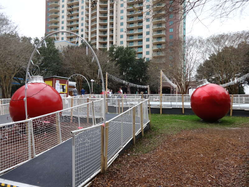 Ice skating rink and Christmas decorations in Kleman Plaza, Tallahassee, Leon County, Florida